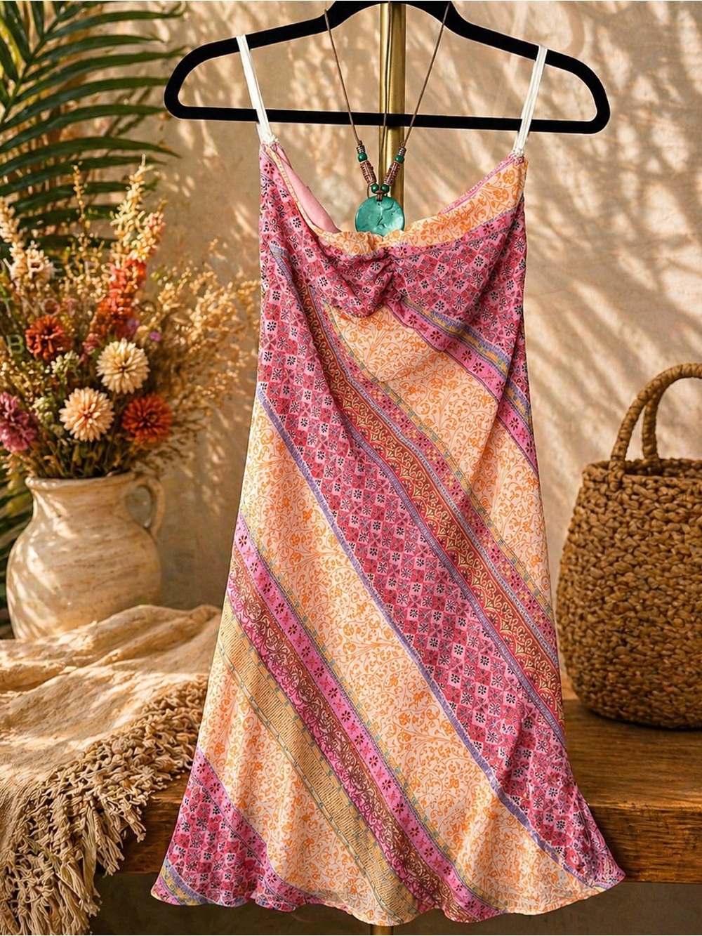 Boho Satin Slip Dress in Pink & Peach Floral Stripes